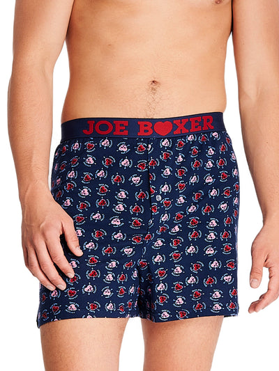 Joe Boxer men's loose boxers with skulls heart shape in red and pink with red and navy logo elastic waistband