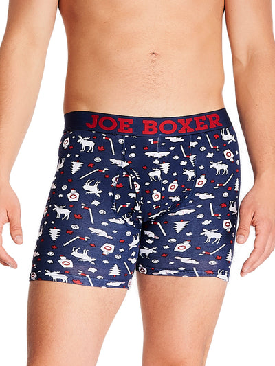 Joe boxer men's boxer briefs blue boxer brief with small red and white maple leaves and other things representative of Canada