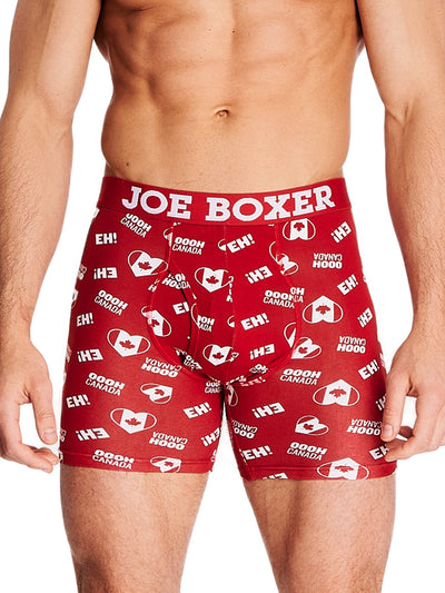 Joe Boxer men's boxer brief red boxer brief  with the Canadian flag in a heart shape and with words like EH! and OOOH CANADA with logo elastic wasitband