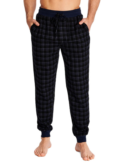Joe Boxer men's lounge jogger type pants color dark blue and black plaid and a comfortable covered elastic waistband