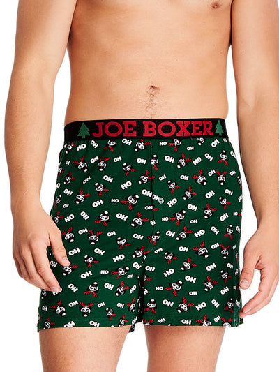 Joe Boxer men's loose boxer green boxer dog with reindeer antlers HO HO HO print with holiday Christmas logo elastic waistband