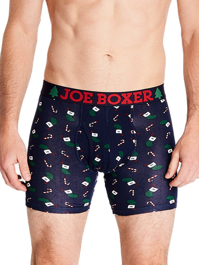 Joe Boxer men's navy boxer brief with green Christmas stockings and candy canes