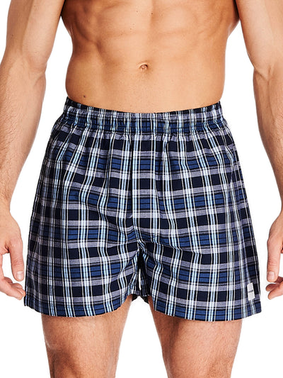 Joe Boxer men's loose blue plaid poplin boxers perfect for lounging with comfortable covered elastic waistband