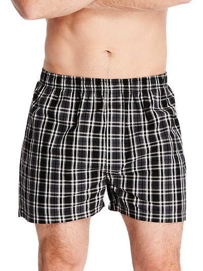 Joe Boxer men's loose black and white plaid poplin boxers perfect for lounging with comfortable covered elastic waistband