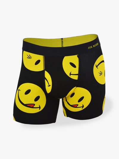 Black boxer with all over licky print in yellow. No fly. 