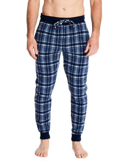 Joe Boxer men's lounge microfleece jogger type pants color blue plaid and a comfortable covered elastic waistband