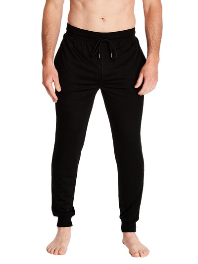 Joe Boxer men's lounge jogger pants in solid black with covered elastic waistband made of a combination of polyester rayon and spandex for ultimate comfort