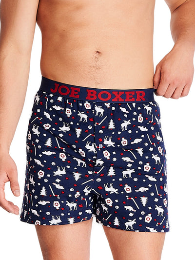 Joe boxer men's loose boxers blue boxer with small red and white maple leaves and other things representative of Canada logo elastic waistband