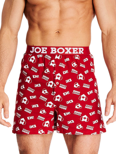 Joe Boxer men's loose boxers red boxer with the Canadian flag in a heart shape and with words like EH! and OOOH CANADA with logo elastic wasitband