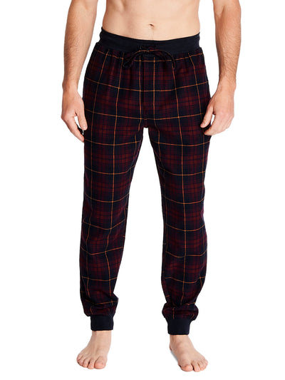 Joe Boxer men's lounge jogger type pants color blue and burgundy plaid and a comfortable covered elastic waistband